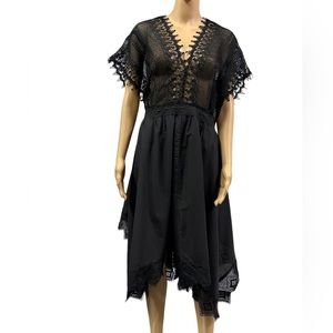 Roamans Black Crochet Lace Trim Asymmetrical Shark Bite Midi Dress Womens 18W